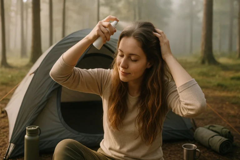 Woman using dry shampoo at forest campsite