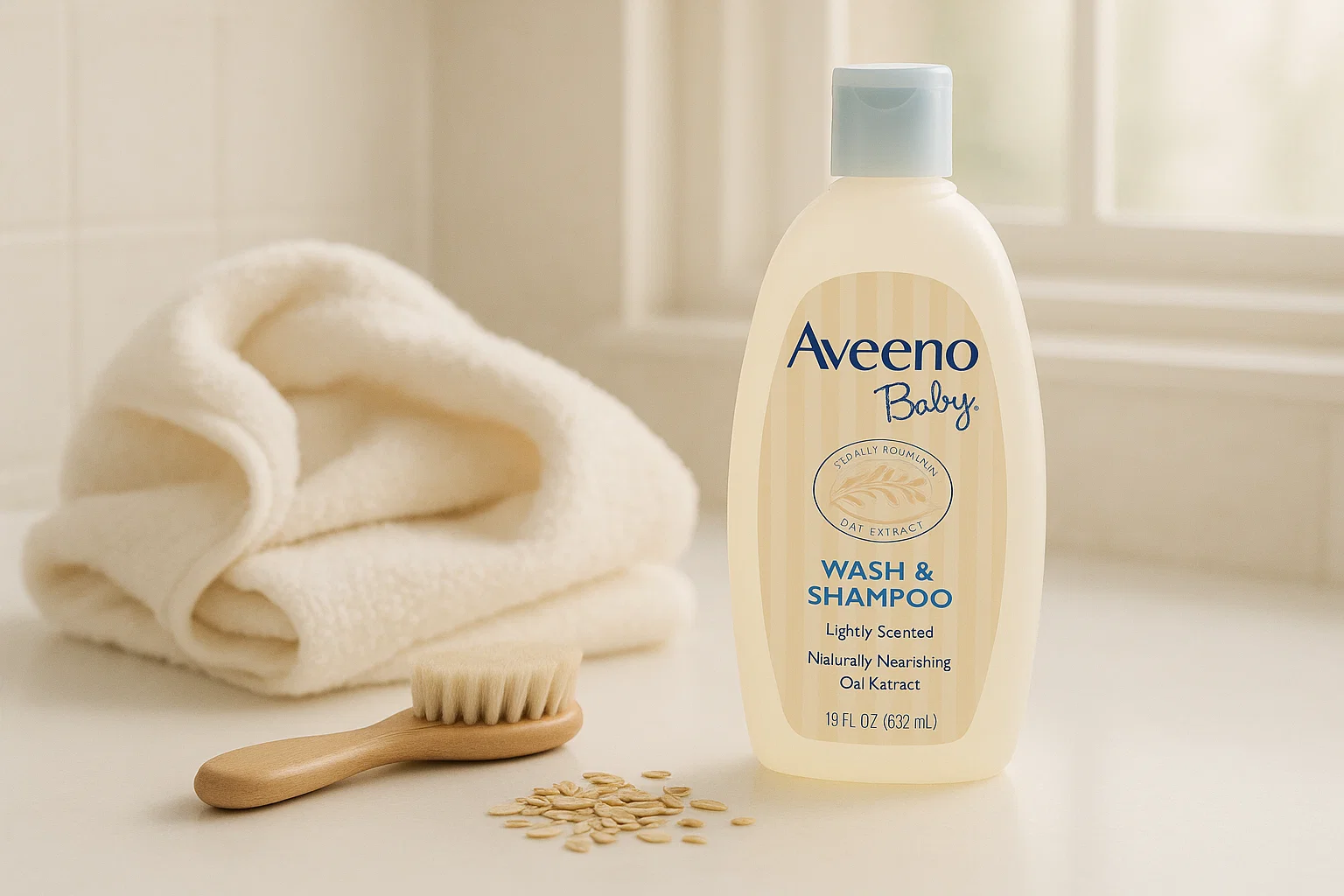 Aveeno Baby Wash and Shampoo bottle beside baby towel and brush, highlighting gentle and safe baby care