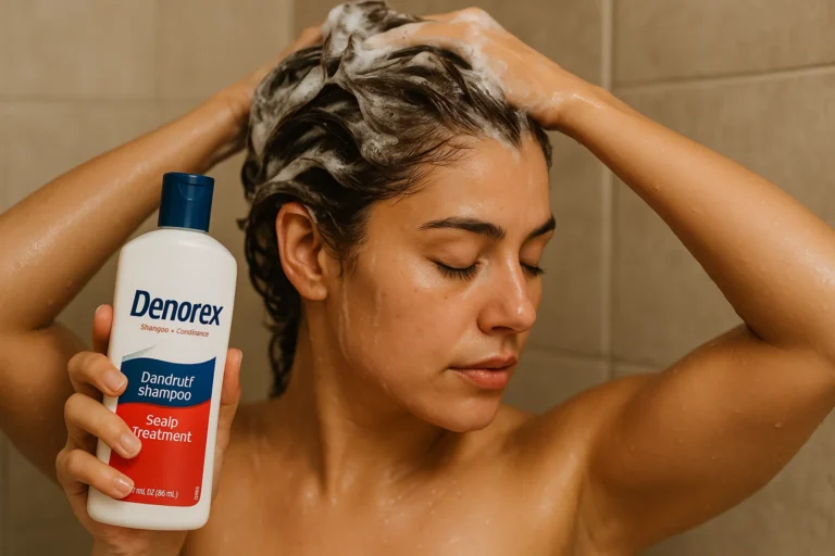 Woman applying Denorex shampoo to treat dandruff and scalp irritation