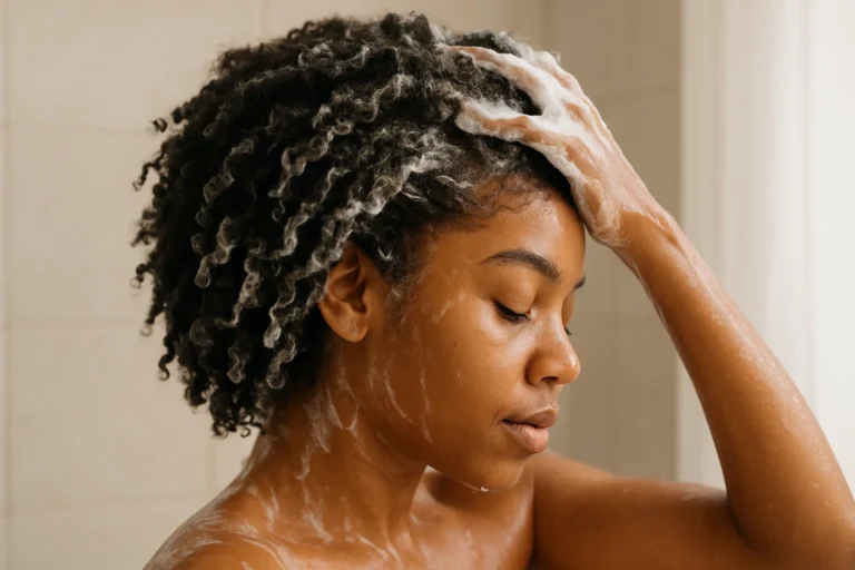 Woman washing her natural curly hair with GH shampoo showing soft lather and clean defined curls.