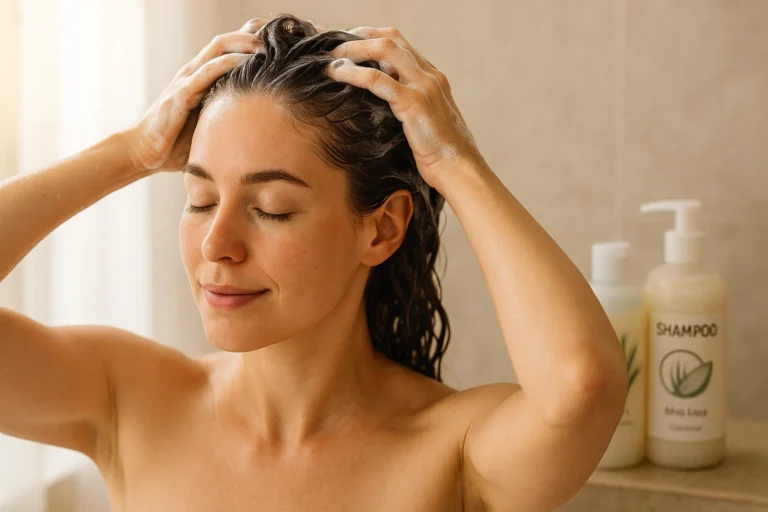 Woman massaging moisturizing shampoo into her dry scalp