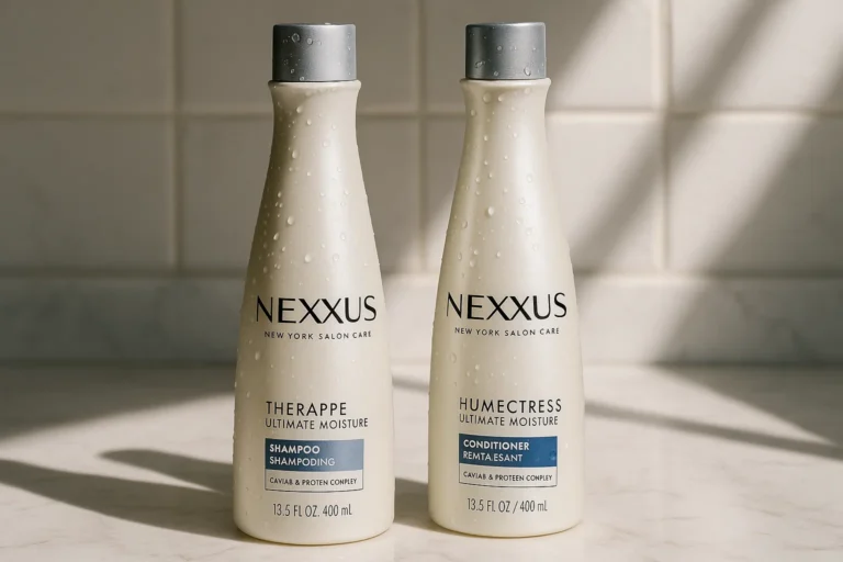 Nexxus shampoo and conditioner bottles on marble counter