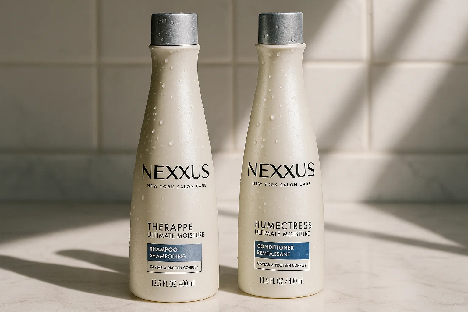 Nexxus shampoo and conditioner bottles on marble counter