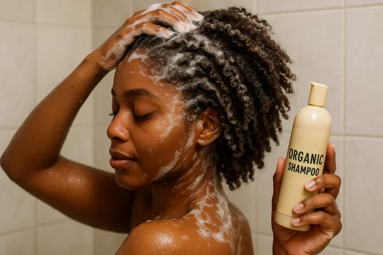 Woman with 4C natural curls washing her hair using an organic shampoo rich in aloe and shea butter.