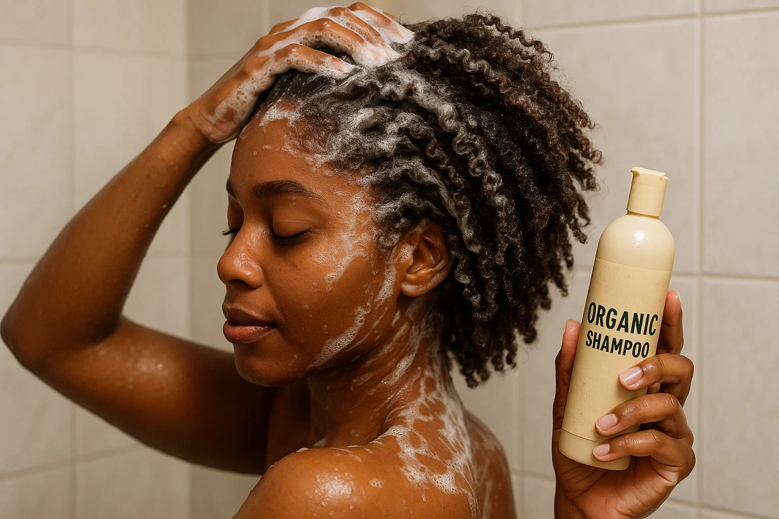 Woman with 4C natural curls washing her hair using an organic shampoo rich in aloe and shea butter.