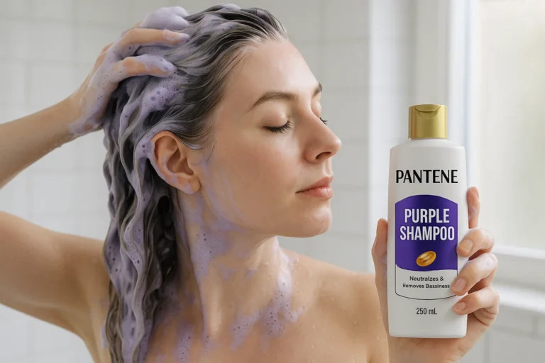 Woman using Pantene Purple Shampoo to neutralize yellow tones in blonde and gray hair.