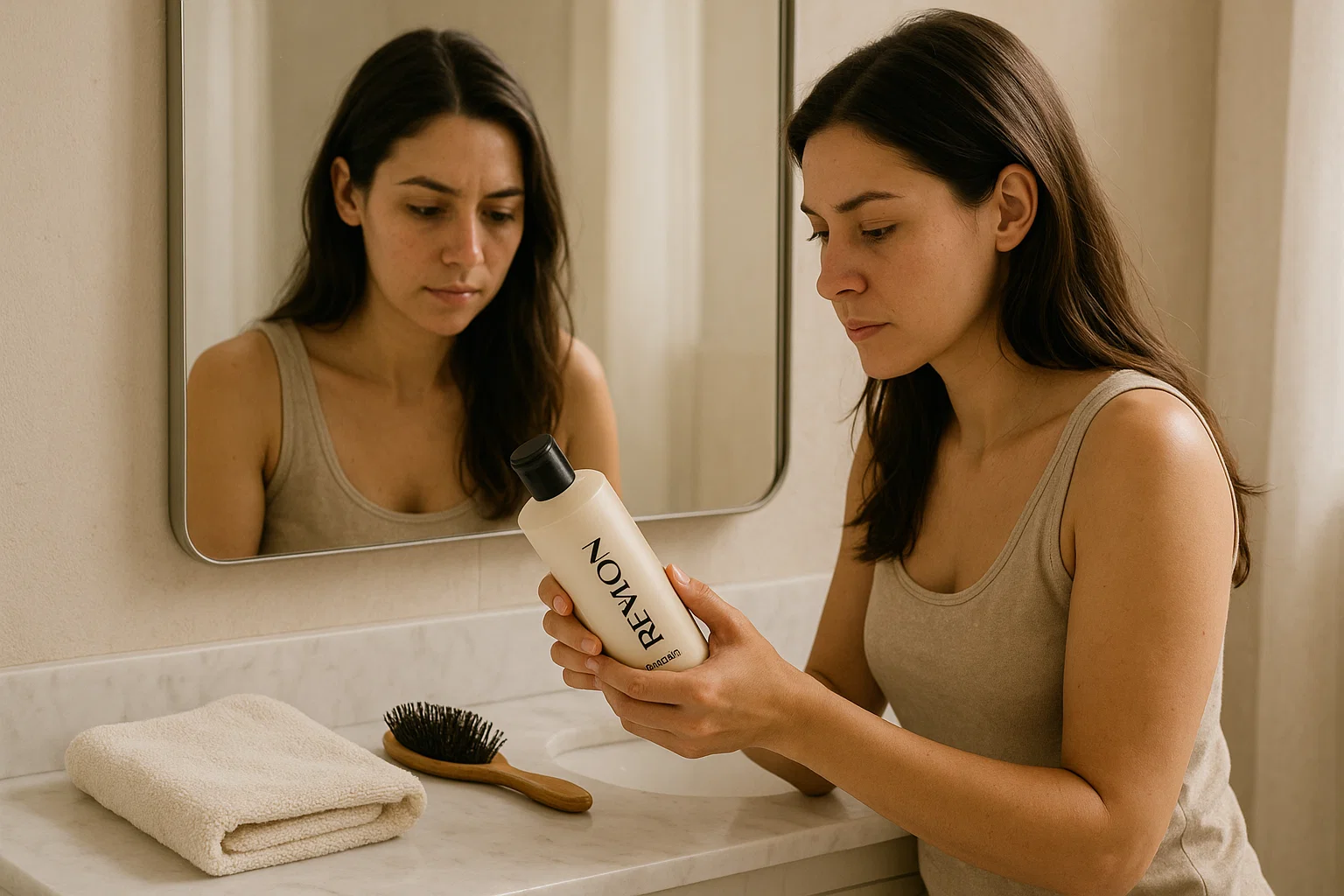 Woman checking Revlon shampoo bottle to see if it’s good for her hair