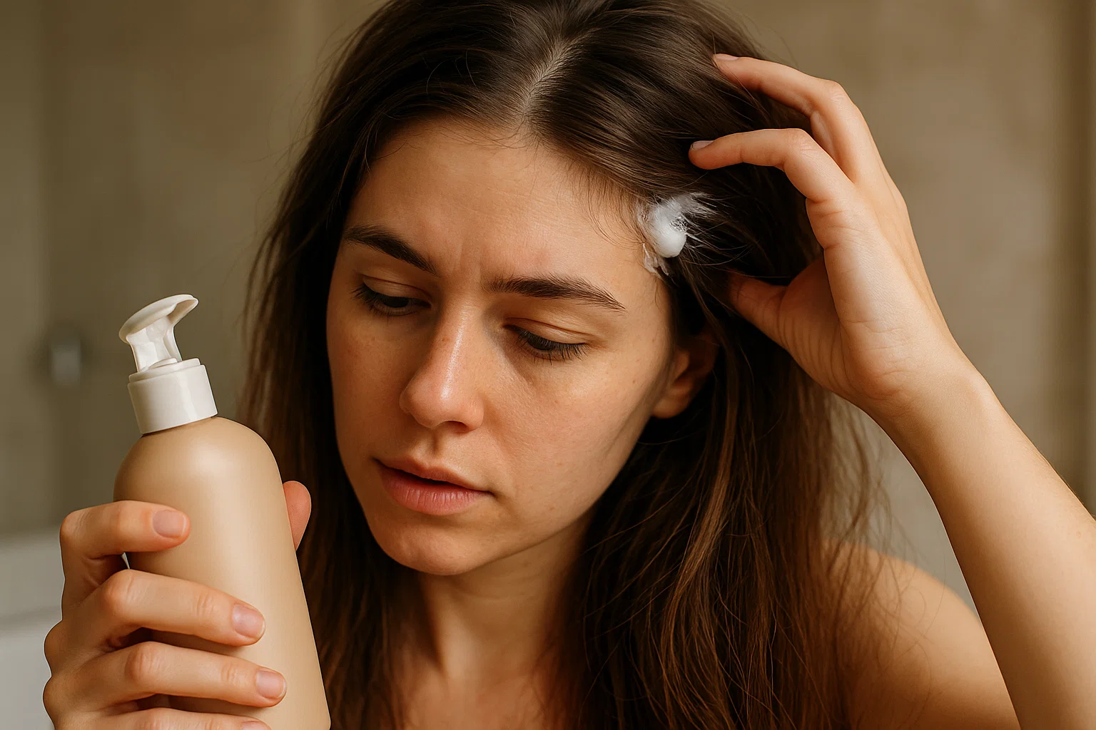 Woman applying shampoo on dry hair before washing