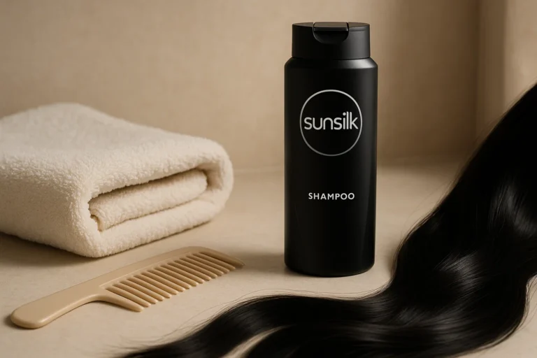 Black Sunsilk shampoo bottle with smooth, shiny hair in a natural bathroom setting