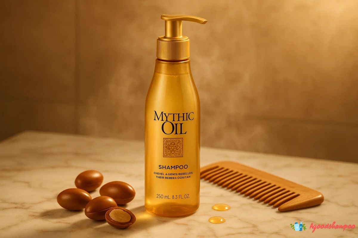 Mythic Oil Shampoo on marble counter with argan oil and comb