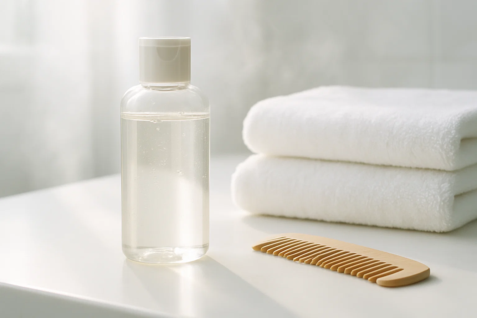 Fresh clarifying shampoo bottle on a clean bathroom counter
