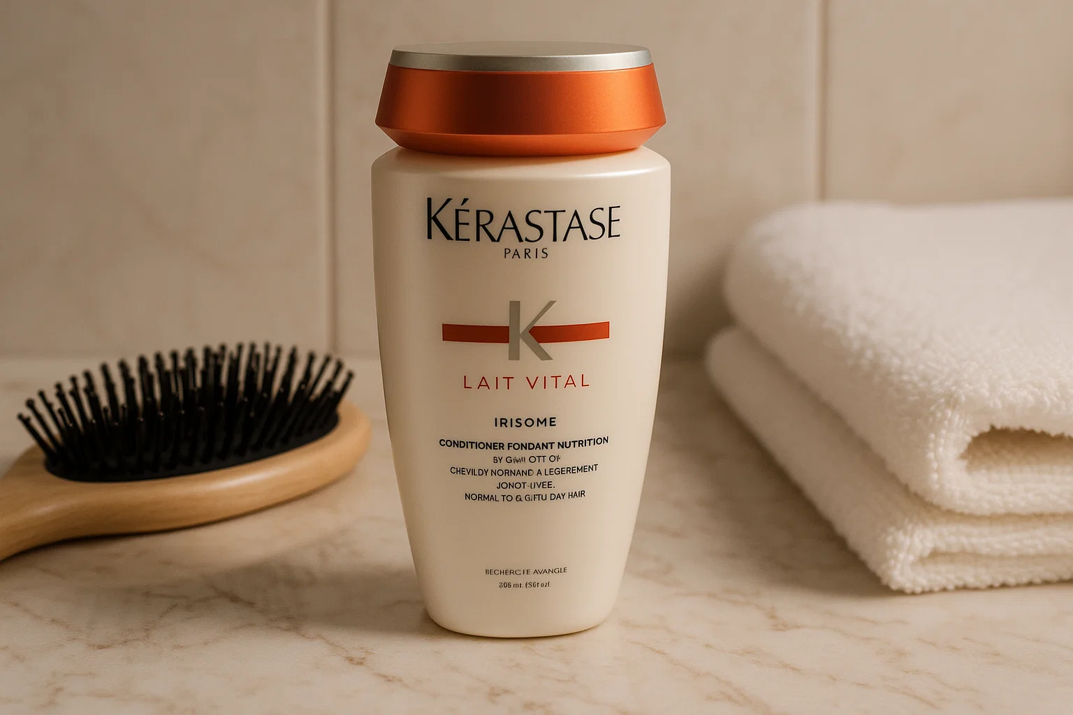 Kérastase conditioner bottle on marble counter for soft and nourished hair