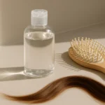 Clear shampoo bottle and hairbrush on counter symbolizing routine shampoo use and hair health.
