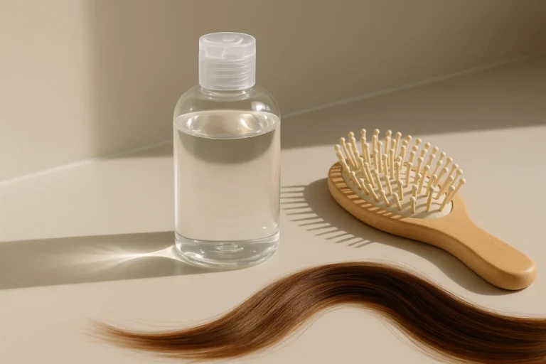 Clear shampoo bottle and hairbrush on counter symbolizing routine shampoo use and hair health.