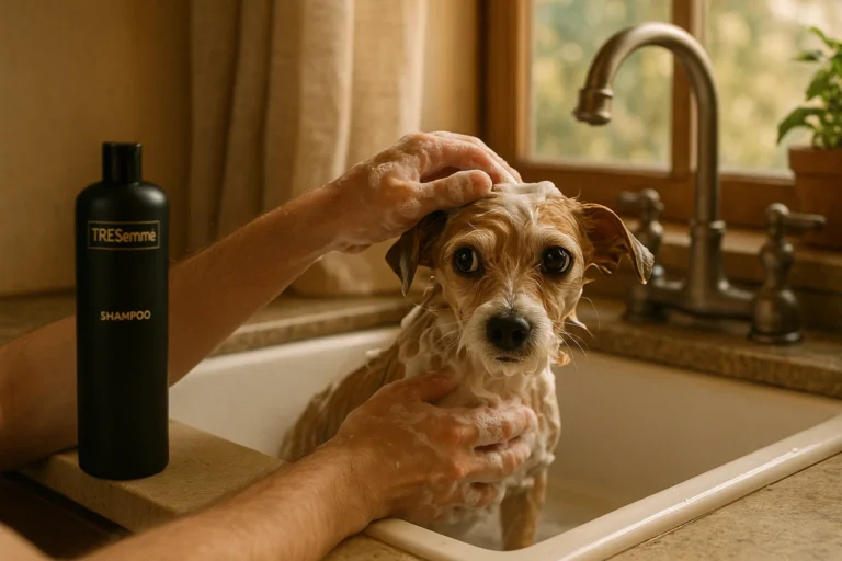 Dog being bathed at home with a TRESemmé shampoo bottle on counter, illustrating if human shampoos are safe for pets