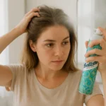 Woman using Batiste Dry Shampoo at home bathroom mirror