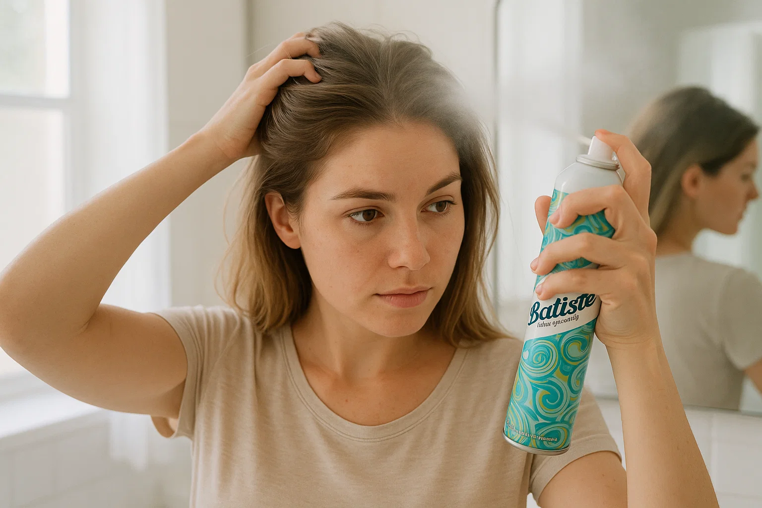 Woman using Batiste Dry Shampoo at home bathroom mirror