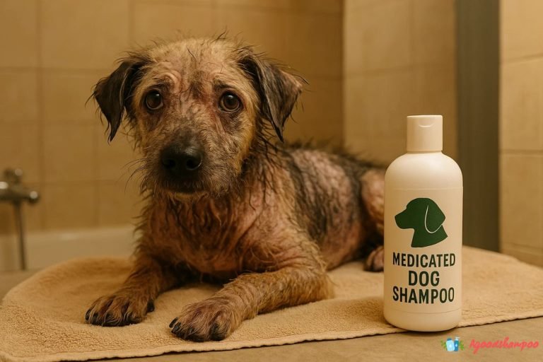 Dog with mange getting washed using anti-mite medicated shampoo