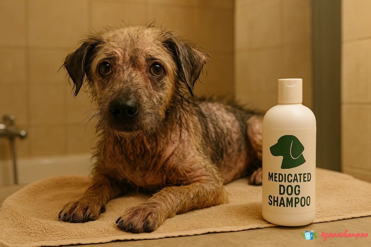 Dog with mange getting washed using anti-mite medicated shampoo