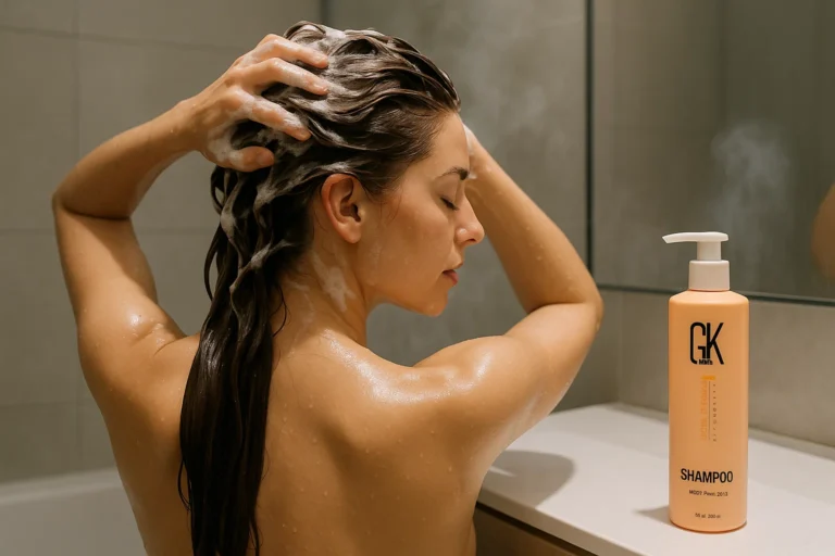 Woman washing her hair with GK Hair shampoo for smooth and healthy results