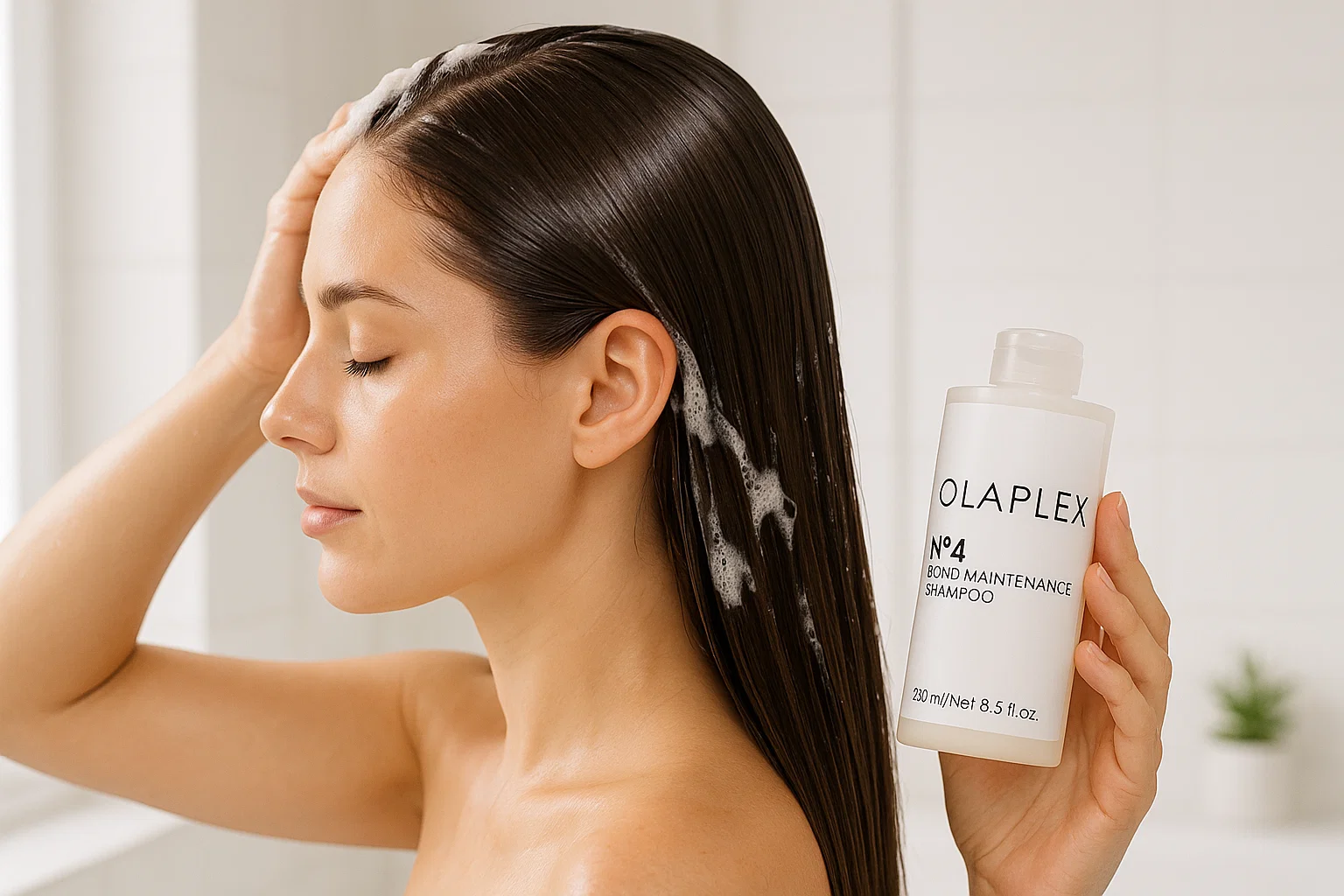Woman washing keratin treated hair with Olaplex shampoo