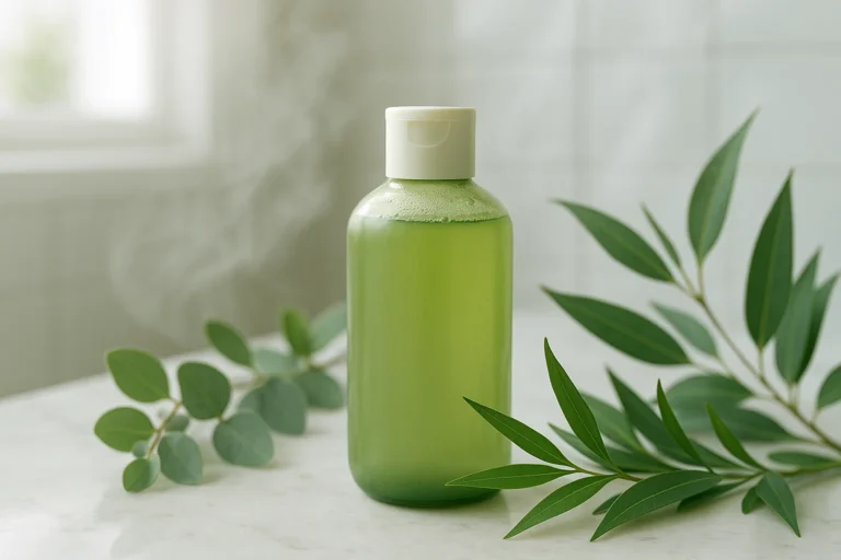 A natural tea tree shampoo bottle with fresh leaves in a clean bathroom setting.