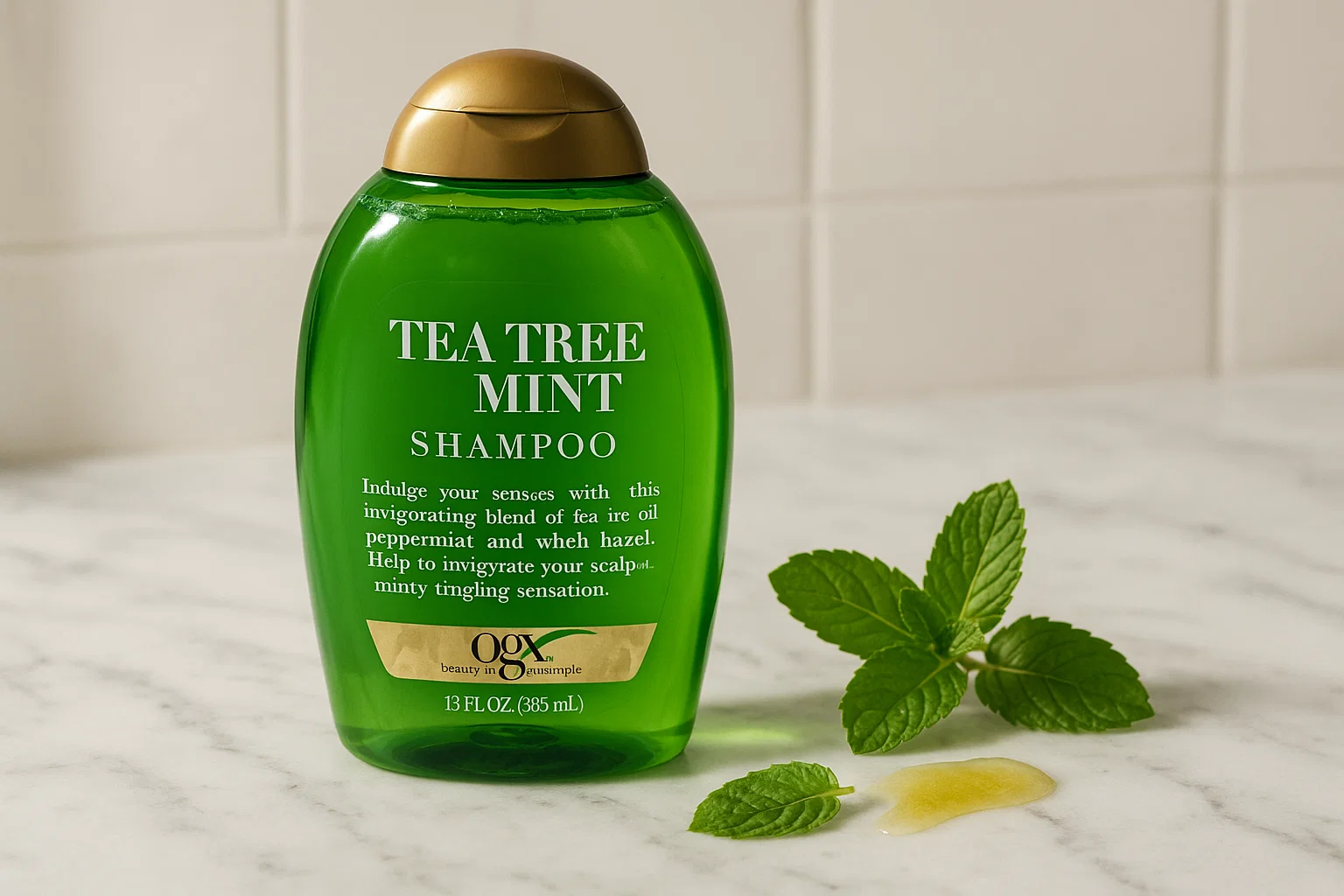 OGX Tea Tree Mint Shampoo bottle placed on a clean bathroom counter beside fresh mint leaves and tea tree oil