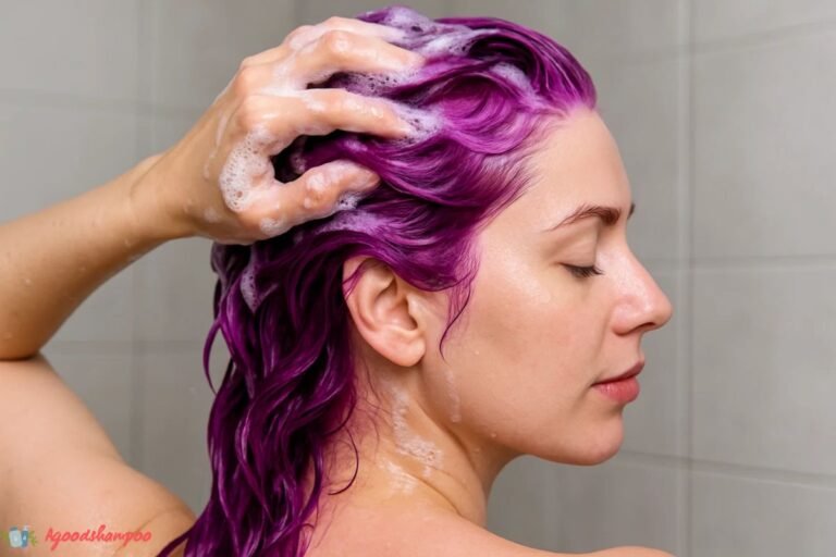 What Shampoo Is Good for Purple Hair? Expert Picks 9 Woman washing vibrant purple hair with color-safe shampoo