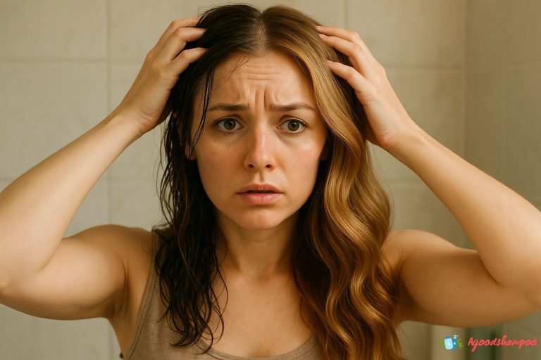 Woman Examining Clean vs Oily Hair in Mirror