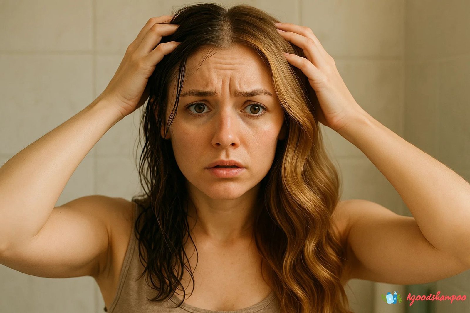 Woman Examining Clean vs Oily Hair in Mirror