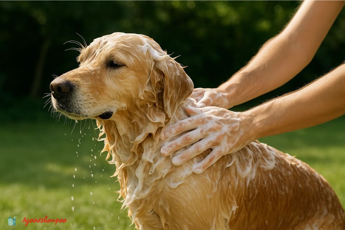 Dog bathing with flea and tick shampoo outdoors