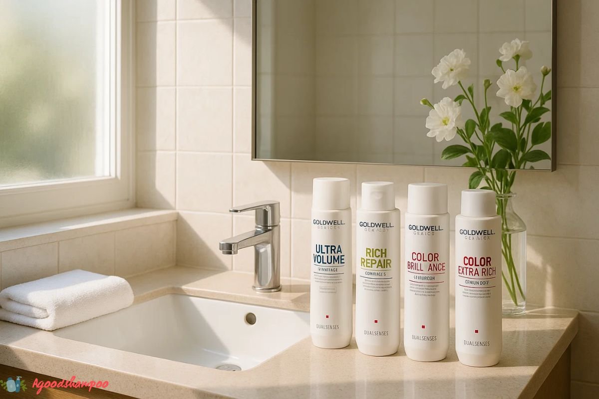 Is Goldwell Shampoo Good for Your Hair? Honest Review 1 Goldwell shampoo bottles on a bathroom vanity for hair care review