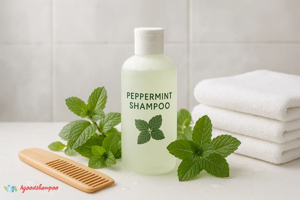 Peppermint shampoo bottle with fresh mint leaves showing benefits for dandruff and hair growth