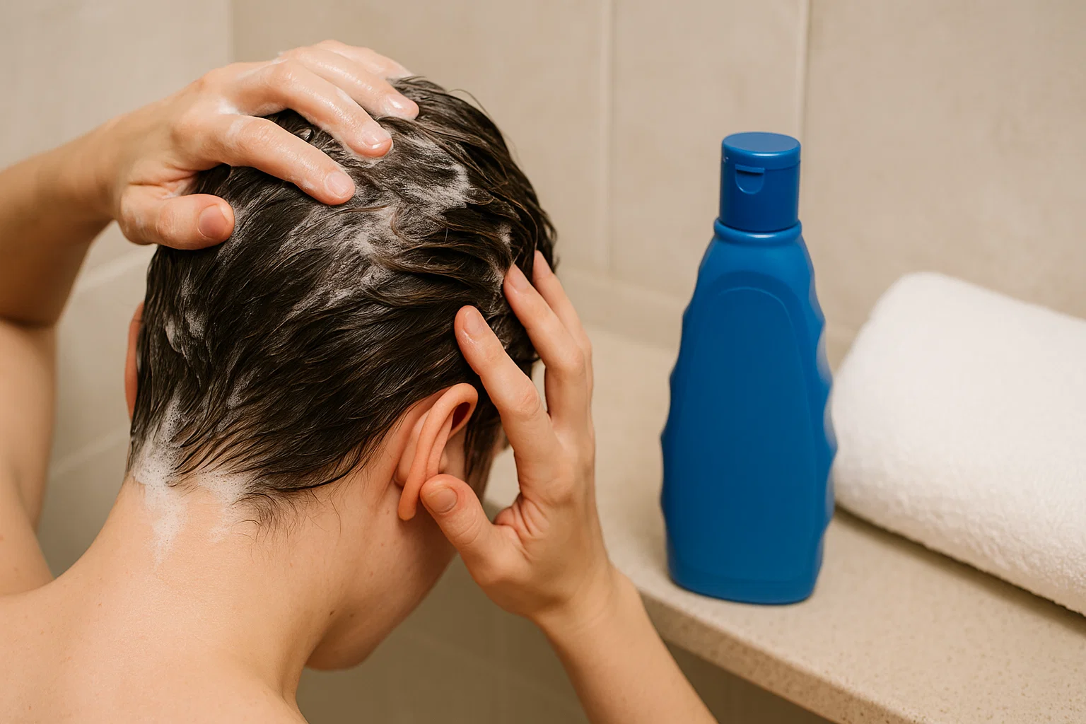 Selsun Blue dandruff shampoo applied on scalp during wash 