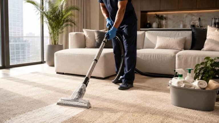 Person shampoo cleaning carpet inside a clean modern apartment living room