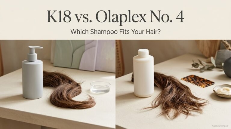 Two unbranded shampoo bottles beside textured hair representing K18 and Olaplex