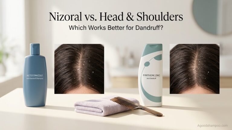 Two generic dandruff shampoo bottles beside close-ups of mildly flaky scalps