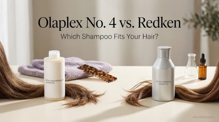 Two unbranded shampoo bottles representing Olaplex and Redken beside textured hair