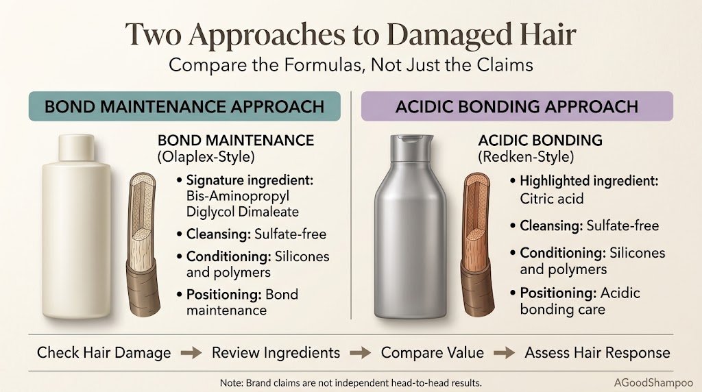 Infographic comparing Olaplex and Redken shampoo ingredients and conditioning approaches.
