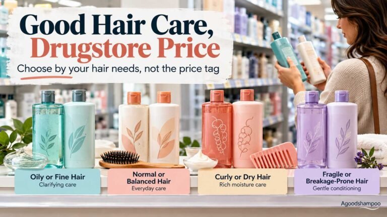 Shopper comparing drugstore shampoo and conditioner for different hair types