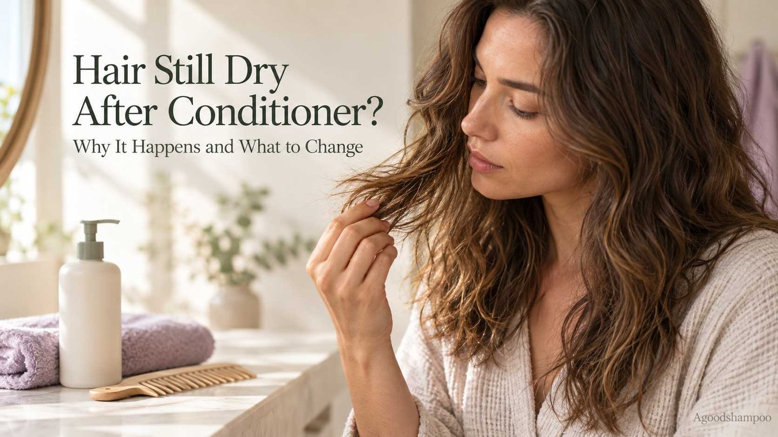 Wavy brown hair with slightly dry ends beside an unbranded conditioner bottle