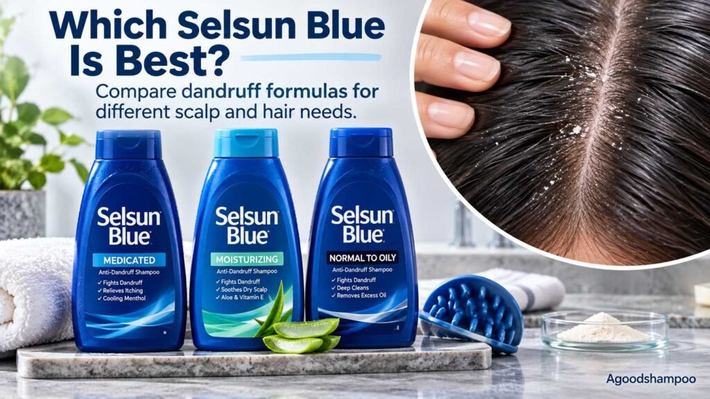 Three blue dandruff shampoo bottles beside a close-up of flaky scalp