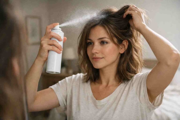 woman using dry shampoo to refresh hair smell at home