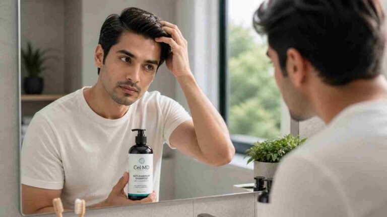 Person checking hair health while holding Cel MD shampoo in a clean bathroom setting
