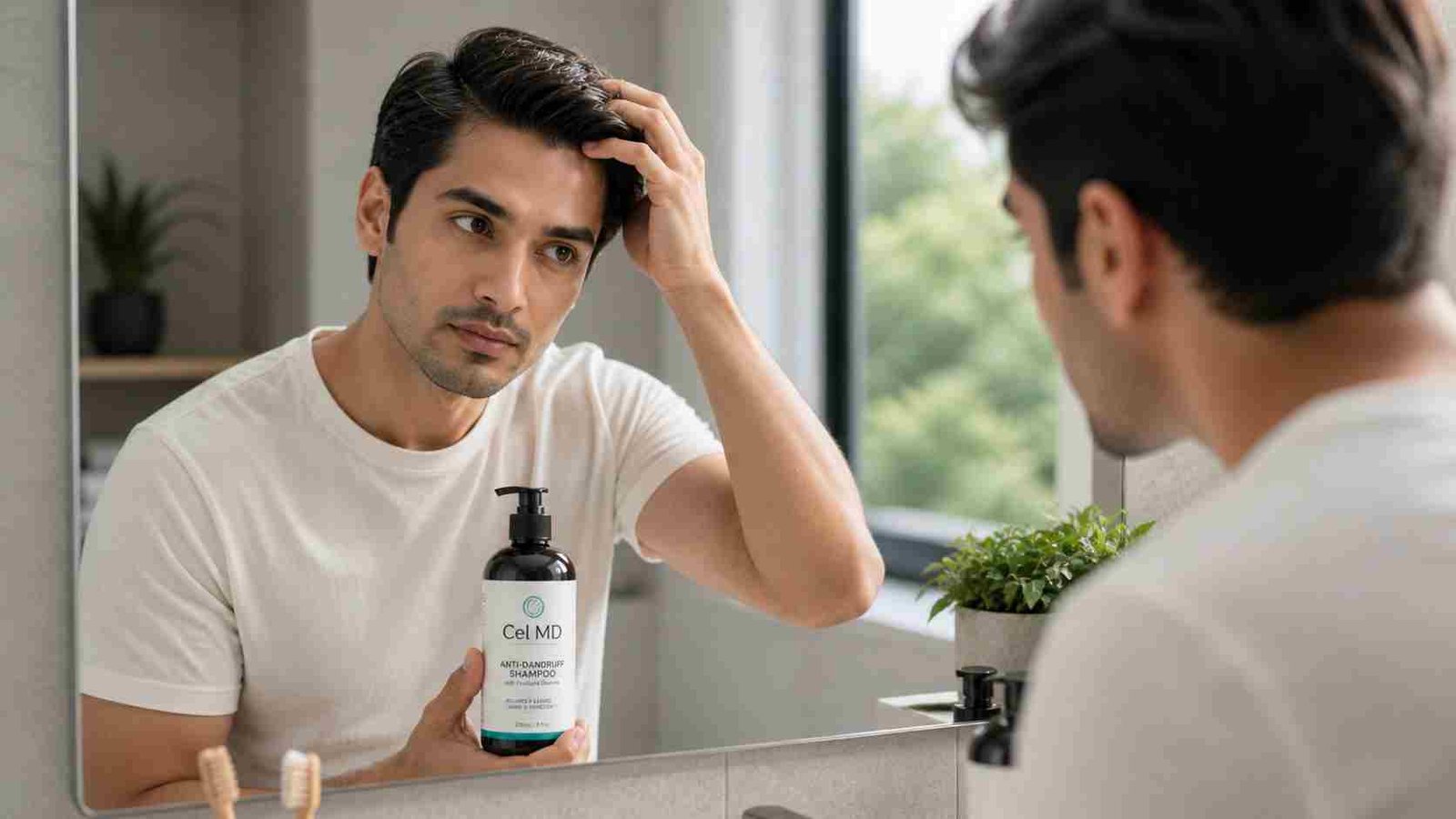 Person checking hair health while holding Cel MD shampoo in a clean bathroom setting