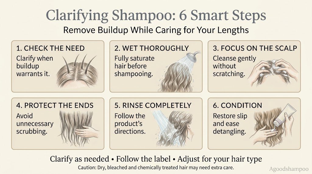 Six-step infographic demonstrating clarifying shampoo application, rinsing and conditioning