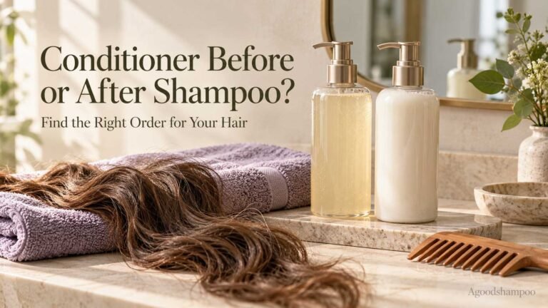 Shampoo and conditioner bottles beside naturally wavy hair and a comb