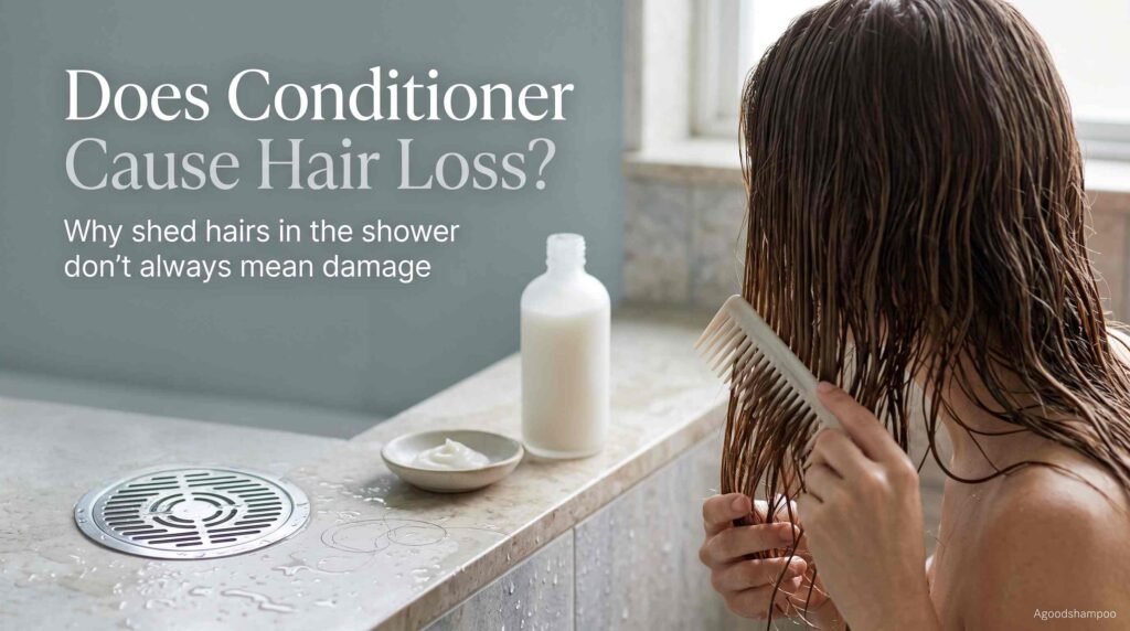 Shed hair strands beside conditioner and wide-tooth comb