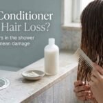 Shed hair strands beside conditioner and wide-tooth comb
