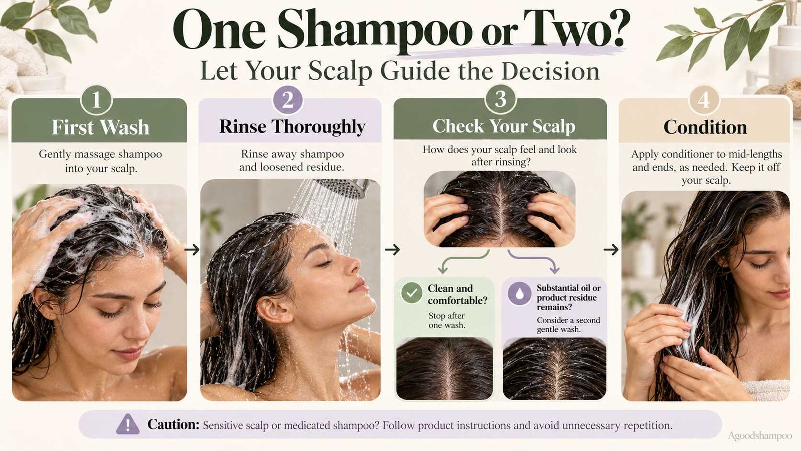 Illustrated four-stage guide for deciding whether to shampoo once or twice